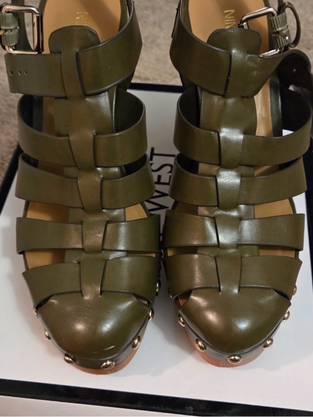 Nine West Olive Green Strappy Studded Heels